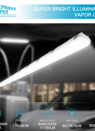 8Ft LED Vapor Tight Light Fixture, 3 Color Selectable 3500K-5000K, Lumen Adjustable 8450/9750/11700LM, 120-277V, 0-10V Dimmable Vapor Proof Parking Garage Light Fixture UL & DLC Listed