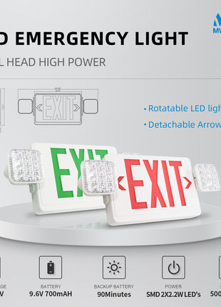Led Exit Sign Emergency Lights with Battery Back up,2 Led Adjustable Heads ,2 Packs,Commercial Emergency Lights