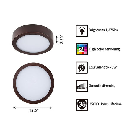 13 Inch 25W LED Flat Mount Ceiling Light,5CCT,1375Lumens,Dimmable,10Pack