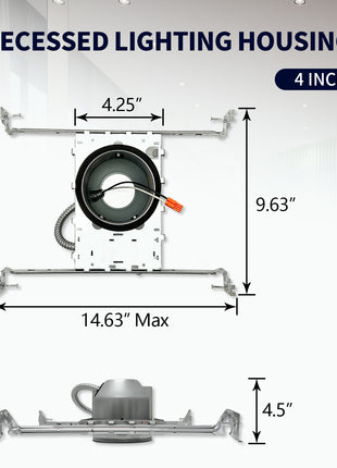 4 Inch IC-rated Airtight Shallow Recessed Housing Can for New Constructions, IC-rated, ceiling joists and drop ceiling installations