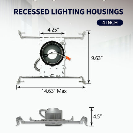 4 Inch IC-rated Airtight Shallow Recessed Housing Can for New Constructions, IC-rated, ceiling joists and drop ceiling installations