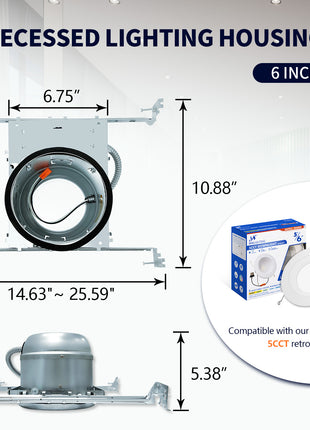 6 Inch IC-rated Airtight Shallow Recessed Housing Can for New Constructions, IC-rated, ceiling joists and drop ceiling installations