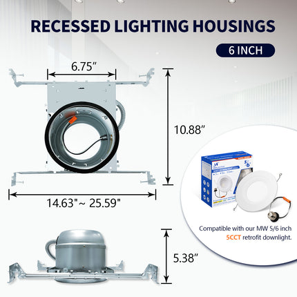 6 Inch IC-rated Airtight Shallow Recessed Housing Can for New Constructions, IC-rated, ceiling joists and drop ceiling installations