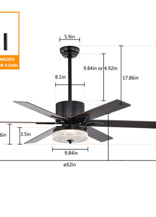 52 Inch LED Ceiling Fan with Light And Remote Control 3-level Fan Speed Timing