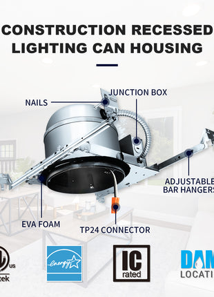 6 Inch IC-rated Airtight Shallow Recessed Housing Can for New Constructions, IC-rated, ceiling joists and drop ceiling installations