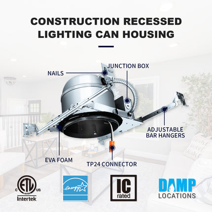 6 Inch IC-rated Airtight Shallow Recessed Housing Can for New Constructions, IC-rated, ceiling joists and drop ceiling installations