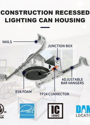 4 Inch IC-rated Airtight Shallow Recessed Housing Can for New Constructions, IC-rated, ceiling joists and drop ceiling installations