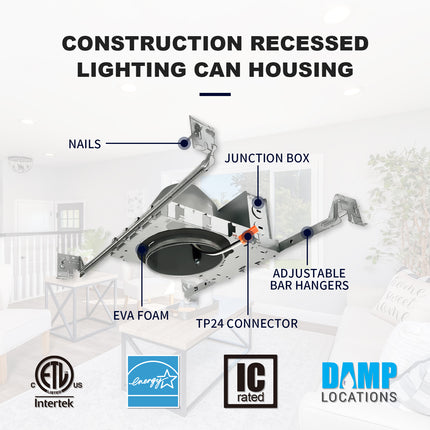 4 Inch IC-rated Airtight Shallow Recessed Housing Can for New Constructions, IC-rated, ceiling joists and drop ceiling installations