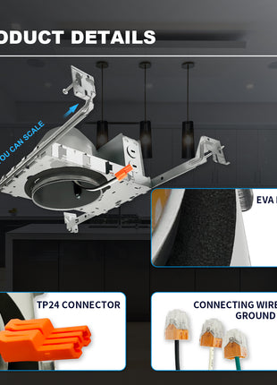 4 Inch IC-rated Airtight Shallow Recessed Housing Can for New Constructions, IC-rated, ceiling joists and drop ceiling installations