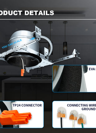 6 Inch IC-rated Airtight Shallow Recessed Housing Can for New Constructions, IC-rated, ceiling joists and drop ceiling installations