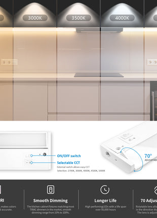 10 Inch 5CCT Linkable under Cabinet Light 4pack, Lens Adjustable up to 36˚, 350 Lumens, Dimmable, Energy Star,