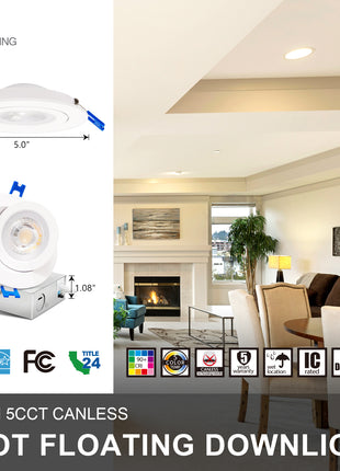 4 Inch 9W Canless Flood Floating Recessed Light,5CCT,540 Lumens,Tilt Up to 85˚