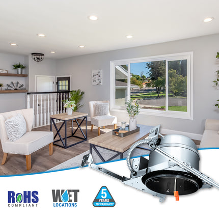 6 Inch IC-rated Airtight Shallow Recessed Housing Can for New Constructions, IC-rated, ceiling joists and drop ceiling installations