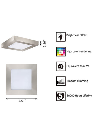 5.5 Inch 10.5W LED Square Ceiling Light Flush Mount,5CCT,580Lumens,10Pack