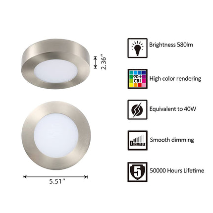 5.5 Inch 10.5W LED Ceiling Light Flush Mount,5CCT,580Lumens,Dimmable,10Pack