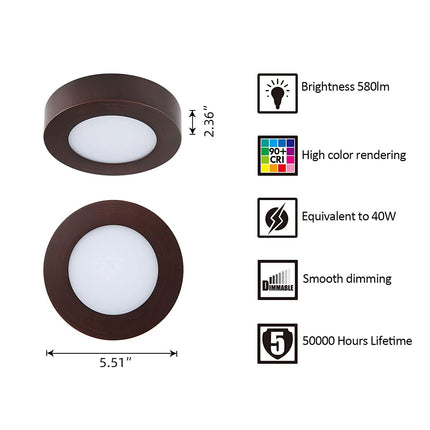 5.5 Inch 10.5W LED Flat Mount Ceiling Light,5CCT,580Lumens,Dimmable,10Pack