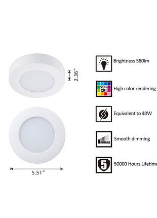 5.5 Inch 10.5W LED Flush Mount Ceiling Light,5CCT,580Lumens,Dimmable,10Pack