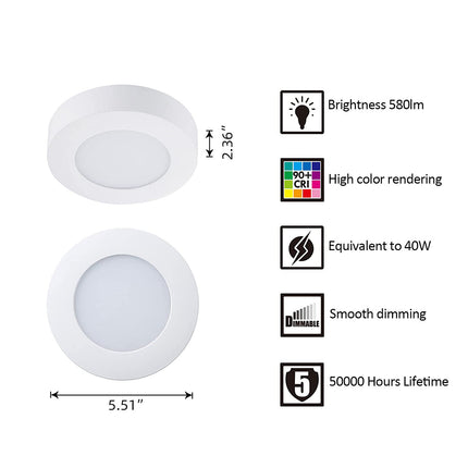 5.5 Inch 10.5W LED Flush Mount Ceiling Light,5CCT,580Lumens,Dimmable,10Pack