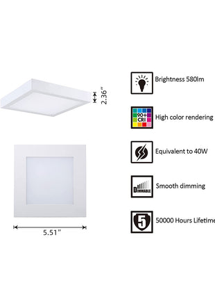 5.5 Inch 10.5W LED Square  Flat Mount Ceiling Light,5CCT,580Lumens,10Pack