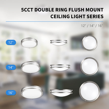 12 Inch 14W Double Ring LED Flush Mount Ceiling Light,5CCT,1100 Lumens,Dimmable