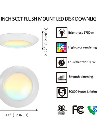 12 Inch 25W LED Disk Light,5CCT,1750LM,CRI 90,Dimmable