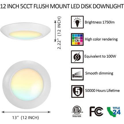 12 Inch 25W LED Disk Light,5CCT,1750LM,CRI 90,Dimmable