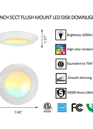 6 Inch 15W LED Disk Light,5CCT,1050LM,CRI 90,Dimmable,10Pack