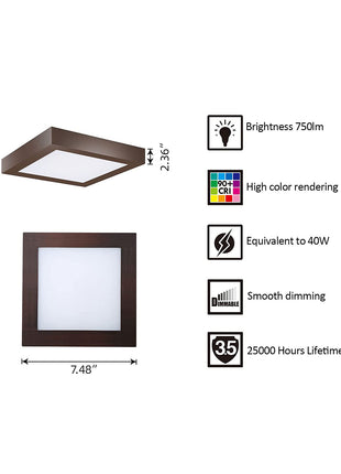 7inch Square LED Flush Mount Round Ceiling Light, Equivalent to 40W, 2700K/3000K/3500K/4000K/5000K CCT Selectable, CRI 90+, Dimmable LED Panel Light, Damp Rated, ETL Listed, Bronze Finish (10 Pack)