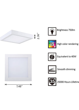 7 Inch 13.5W LED Square  Flat Mount Ceiling Light,5CCT,750Lumens,10Pack