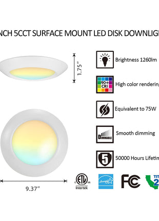 8 Inch 18W LED Disk Light,5CCT,1260LM,CRI 90,Dimmable