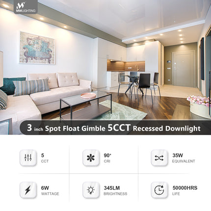 3 Inch 6W Canless Spot Floating Recessed Light,5CCT,345 Lumens,Tilt Up to 85˚