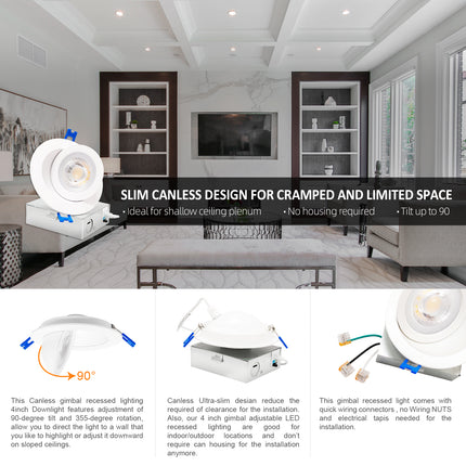 4 Inch 9W Canless Flood Floating Recessed Light,5CCT,540 Lumens,Tilt Up to 85˚