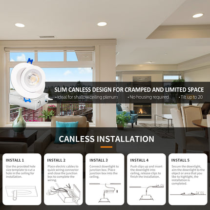 4 Inch 9W Canless Flood Floating Recessed Light,5CCT,540 Lumens,Tilt Up to 85˚