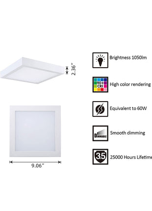 9 Inch 18.5W LED Square  Flat Mount Ceiling Light,5CCT,1050Lumens,10Pack