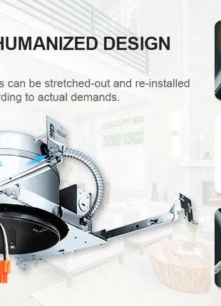 6 Inch IC-rated Airtight Shallow Recessed Housing Can for New Constructions, IC-rated, ceiling joists and drop ceiling installations