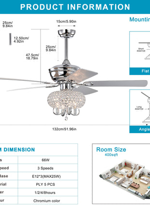 52 inch Crystal Ceiling Fan with Lights Fandelier Chandelier With Remote Control