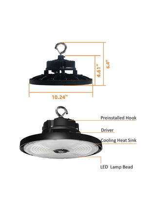 LED High Bay Light with Adjustable Power 150w/200w/240w, 22500/30000/36000LM. 3CCT 3000K/4000K/5000K,0-10V Dimmable UFO High Bay Light with Preinstalled Hook (4PK)