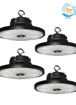 LED High Bay Light with Adjustable Power 150w/200w/240w, 22500/30000/36000LM. 3CCT 3000K/4000K/5000K,0-10V Dimmable UFO High Bay Light with Preinstalled Hook (4PK)